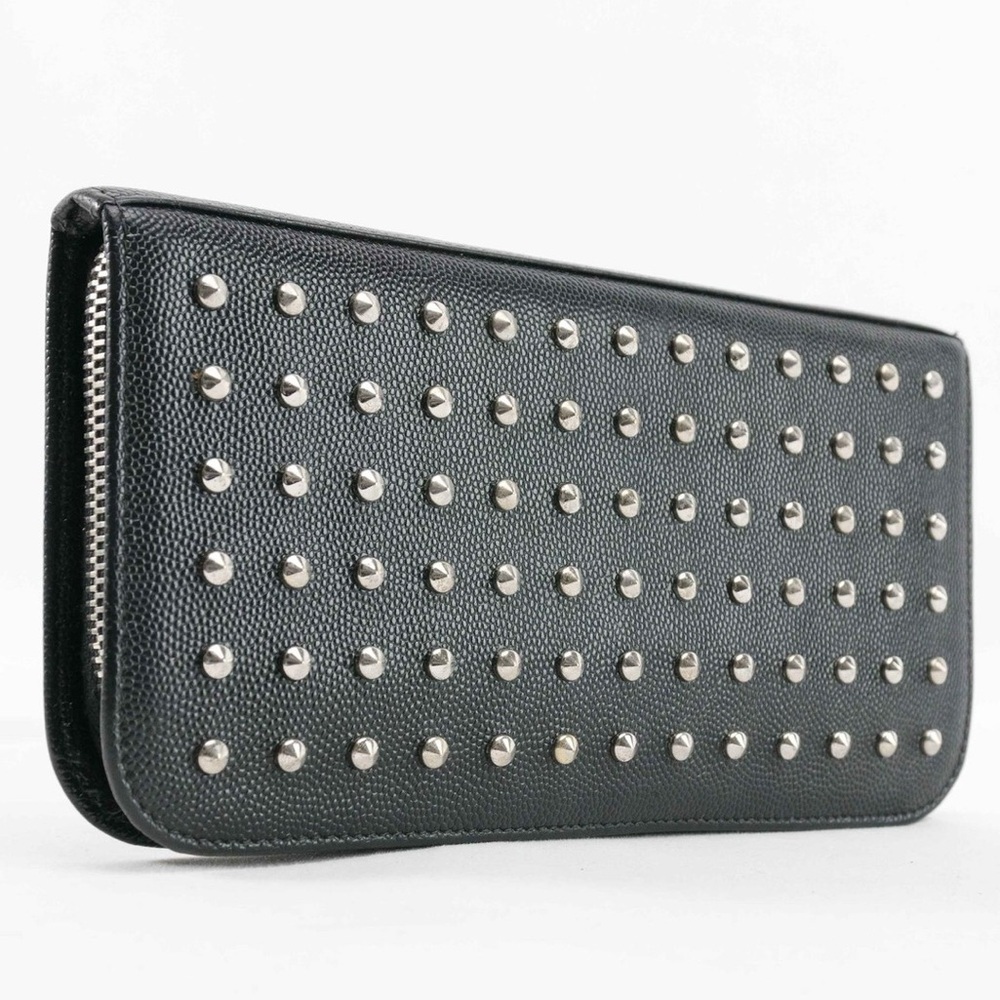 Authentic Saint Laurent Studded Zip Around Wallet Grain de Poudre Black Silver